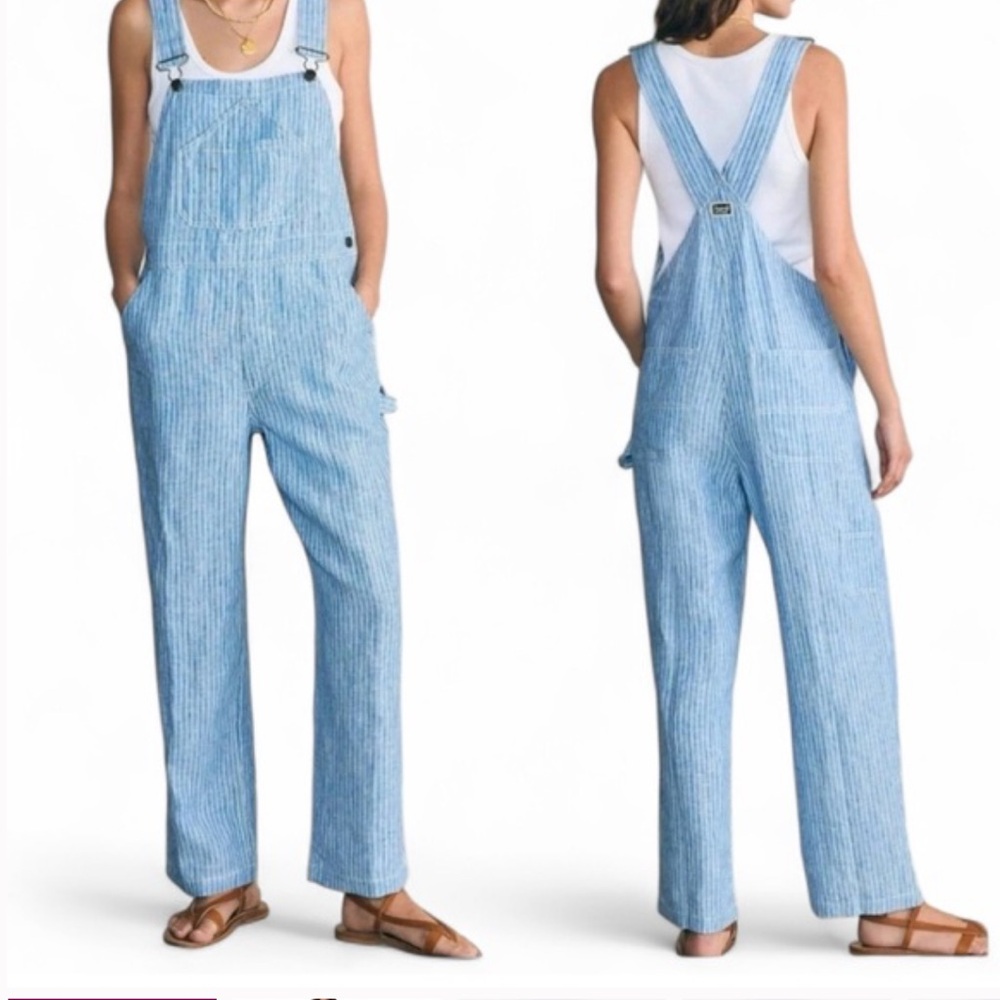 Faherty Linen Mechanic Overalls • Skyway Railroad Stripe • XS